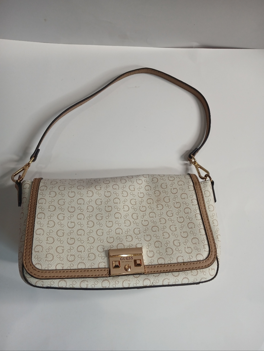 Guess Monogram Baguette Bag | Small Shoulder Purse | White Beige | Gold Hardware